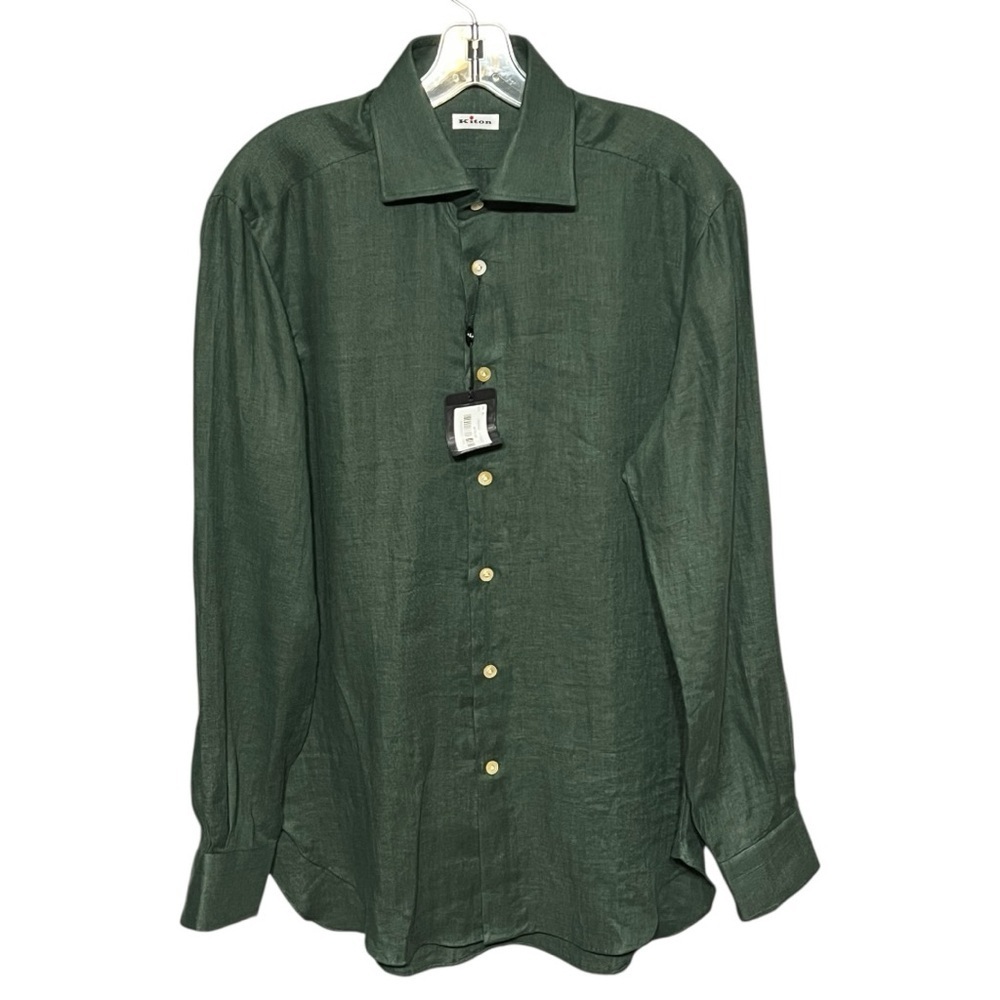 Kiton Italian Linen Shirt 40R/17 Green Classic Fit Long Sleeve Button Up Luxury